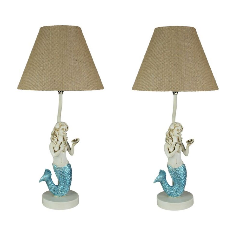 Set of 2 Blue Glitter Tail Mermaid Table Lamps Coastal Beach Decor Burlap Shade
